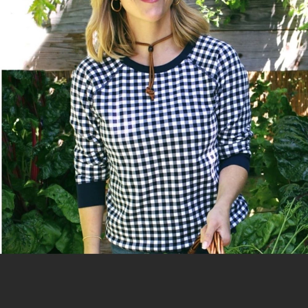 NWOT Draper James Navy Blue & White Gingham Pullover Natalie Sweatshirt Size M